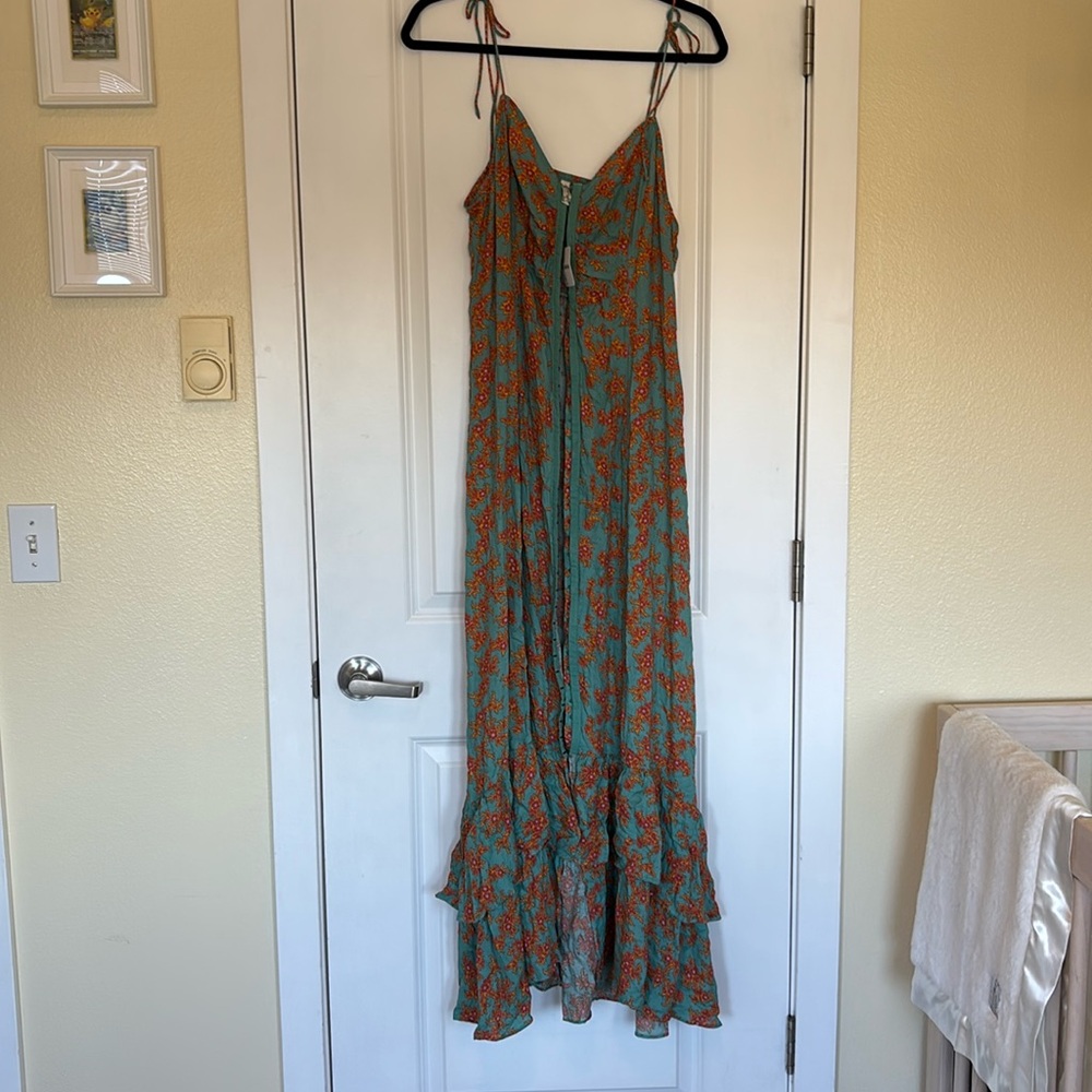 Free People turquoise with orange floral print maxi dress
